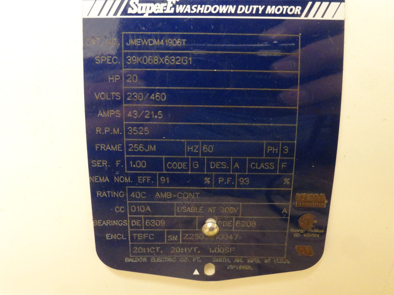 Baldor JMEWDM41906T; AC Motor; 20HP; 230/460V; 3525RPM; 3PH
