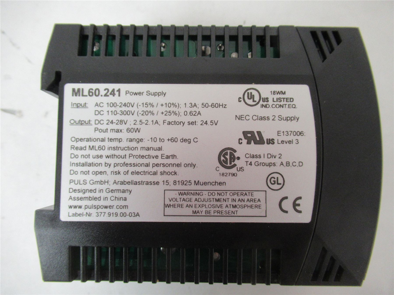 PULS ML60.241; AC DIN Rail Power Supply 1 Output 24V 2.5A
