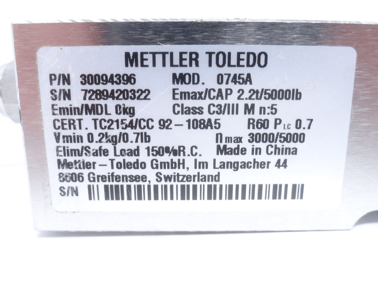 Mettler-Toledo 0745A-30094396; Load Cell 2.2t/5000LBS