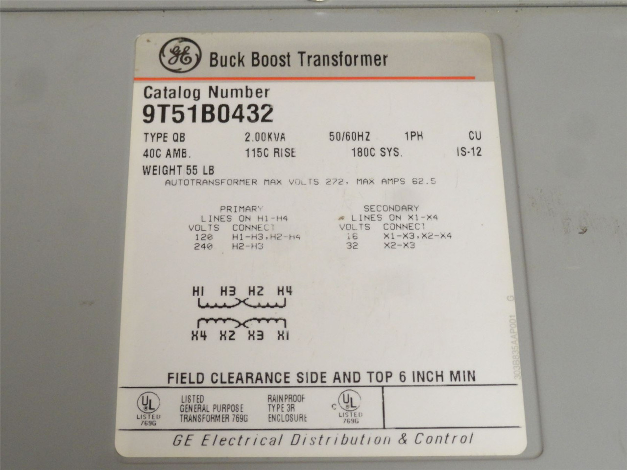 GE 9T51B0432; Buck-Boost Transformer 2kVA 120/240V => 16/32V