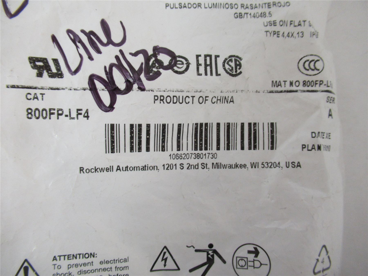 Allen-Bradley 800FP-LF4; Pushbutton Flush 22mm
