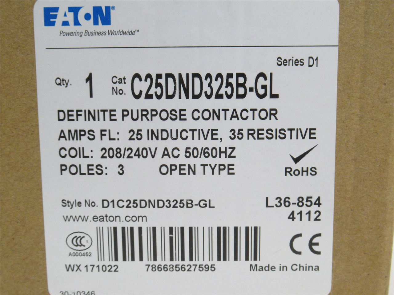 Eaton C25DND325B-GL; Contactor 25A 3P 600VAC; Coil 208-240VAC