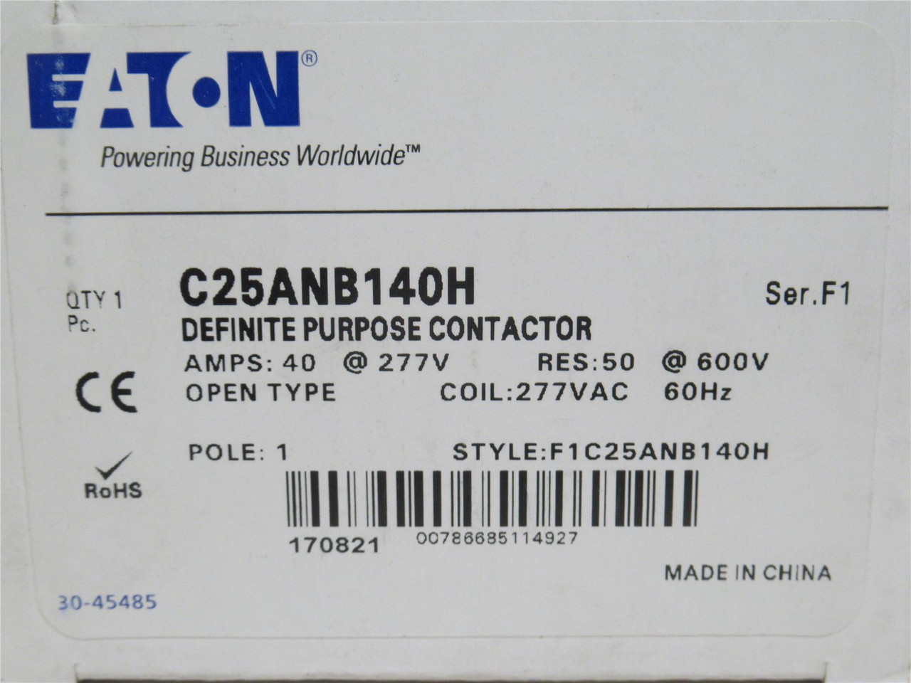 Eaton C25ANB140H; Contactor 40A; 1P; 600VAC; Coil: 277VAC