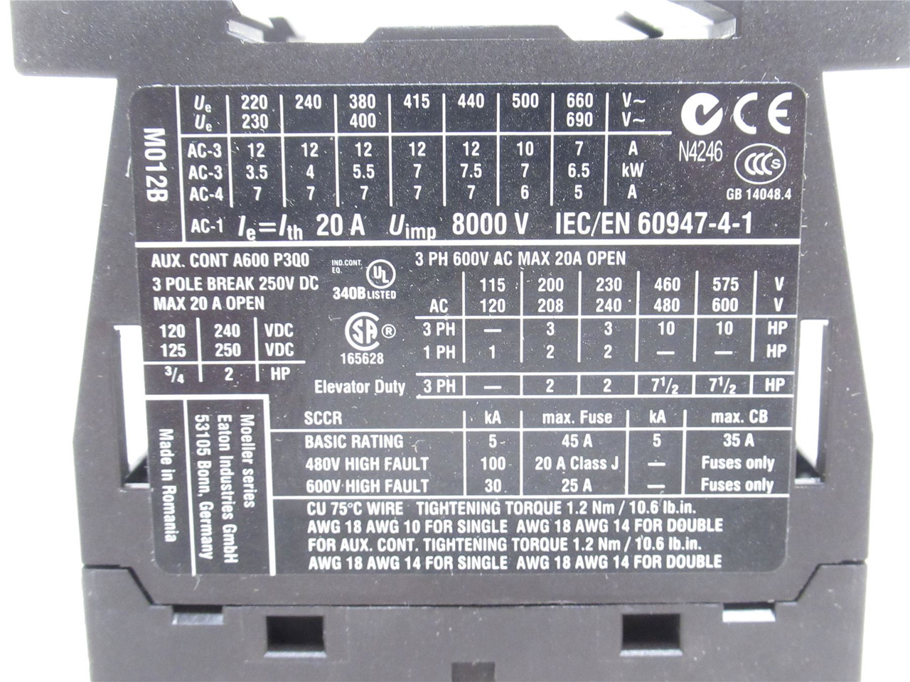 Eaton XTCE012B10L; Contactor 3P; 12A; 600VAC; Coil: 440VAC