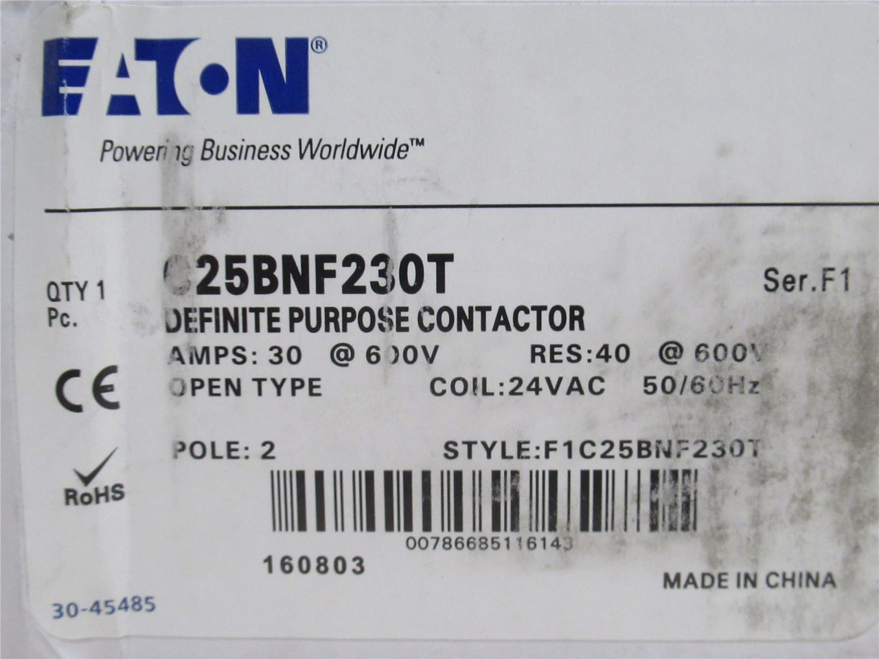 Eaton C25BNF230T; Contactor; 30A; 2P; 600VAC; Coil: 24VAC