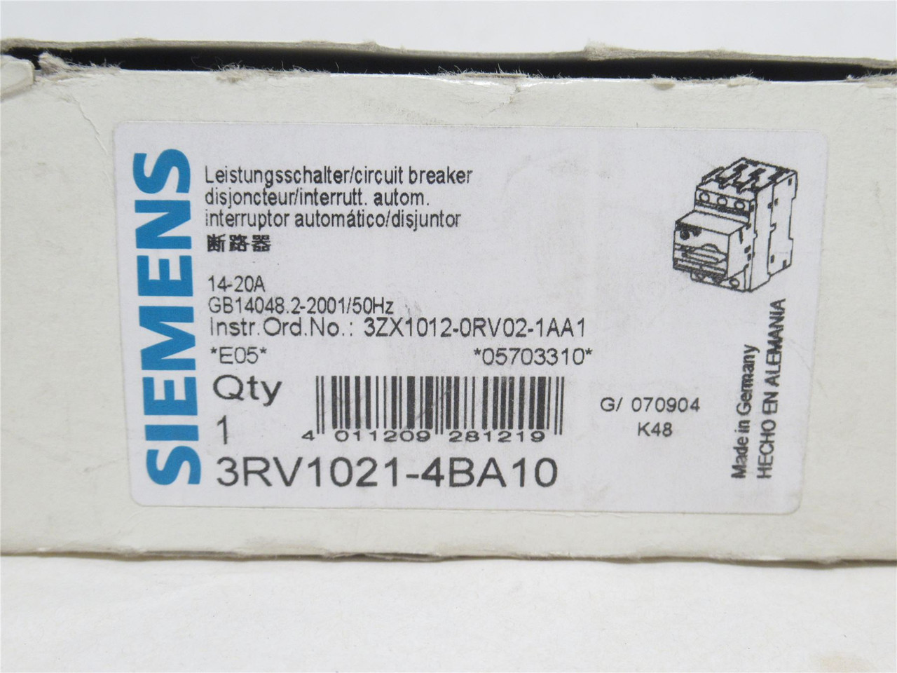 Siemens 3RV1021-4BA10; Starter Protector 14-20A; 3P; 600VAC