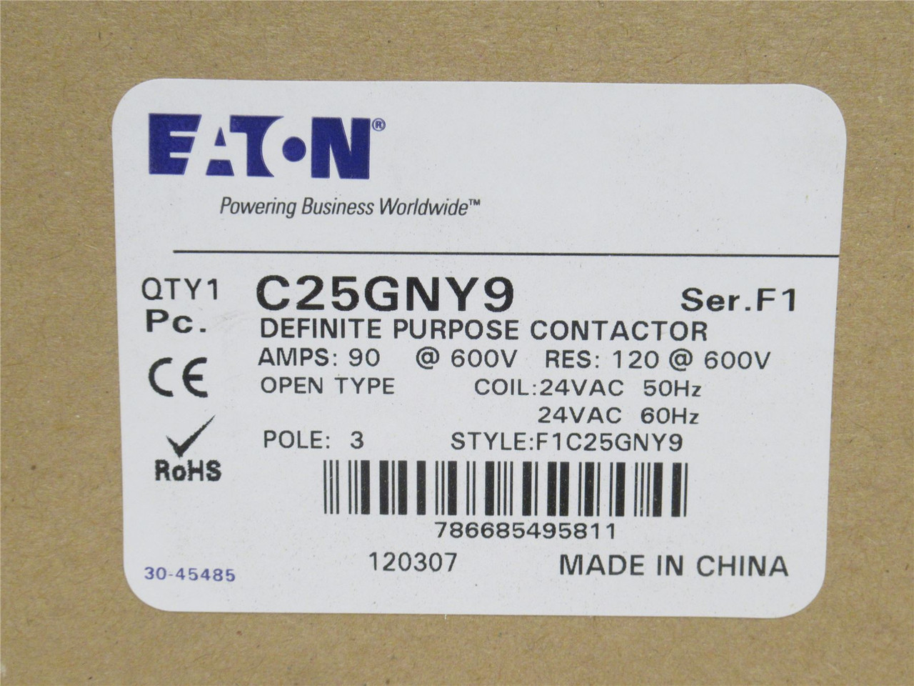 Eaton C25GNY9; Contactor; 90A; 3P; 600VAC; Coil: 24VAC