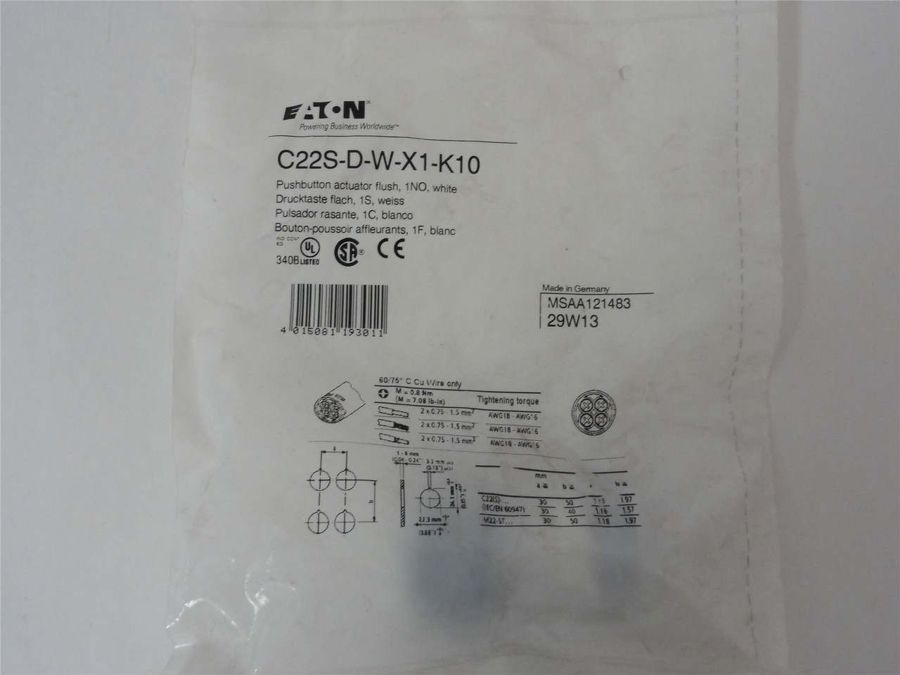 Eaton C22S-D-W-X1-K10; Pushbutton Actuator; 22.5 mm