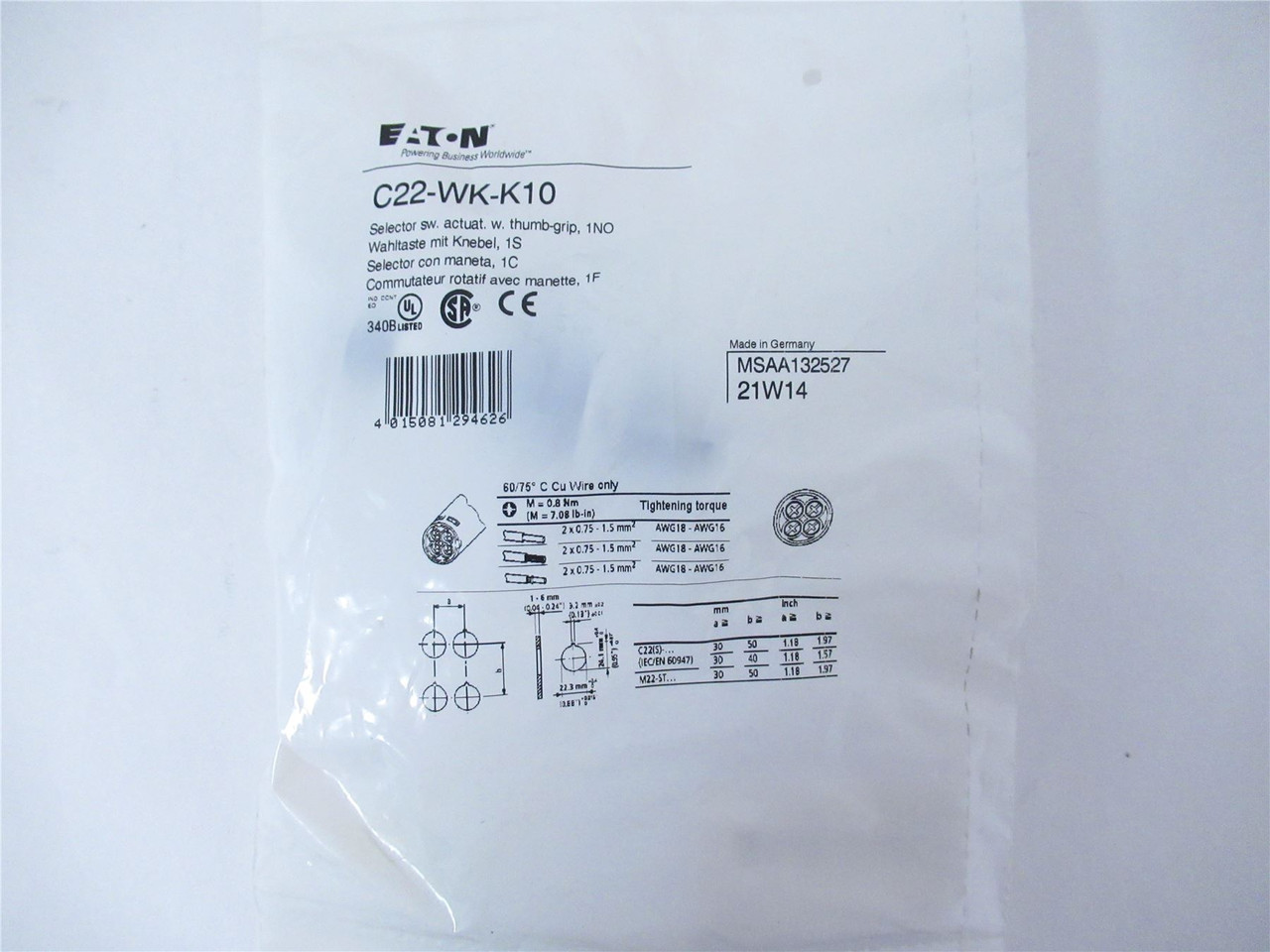 Eaton C22-WK-K10; Pushbutton Selector Switch- Non Illuminated