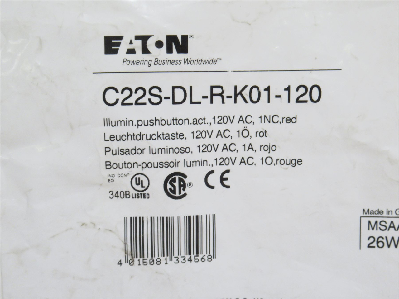 Eaton C22S-DL-R-K01-120; Illuminated Push-Button; 120VAC; Red