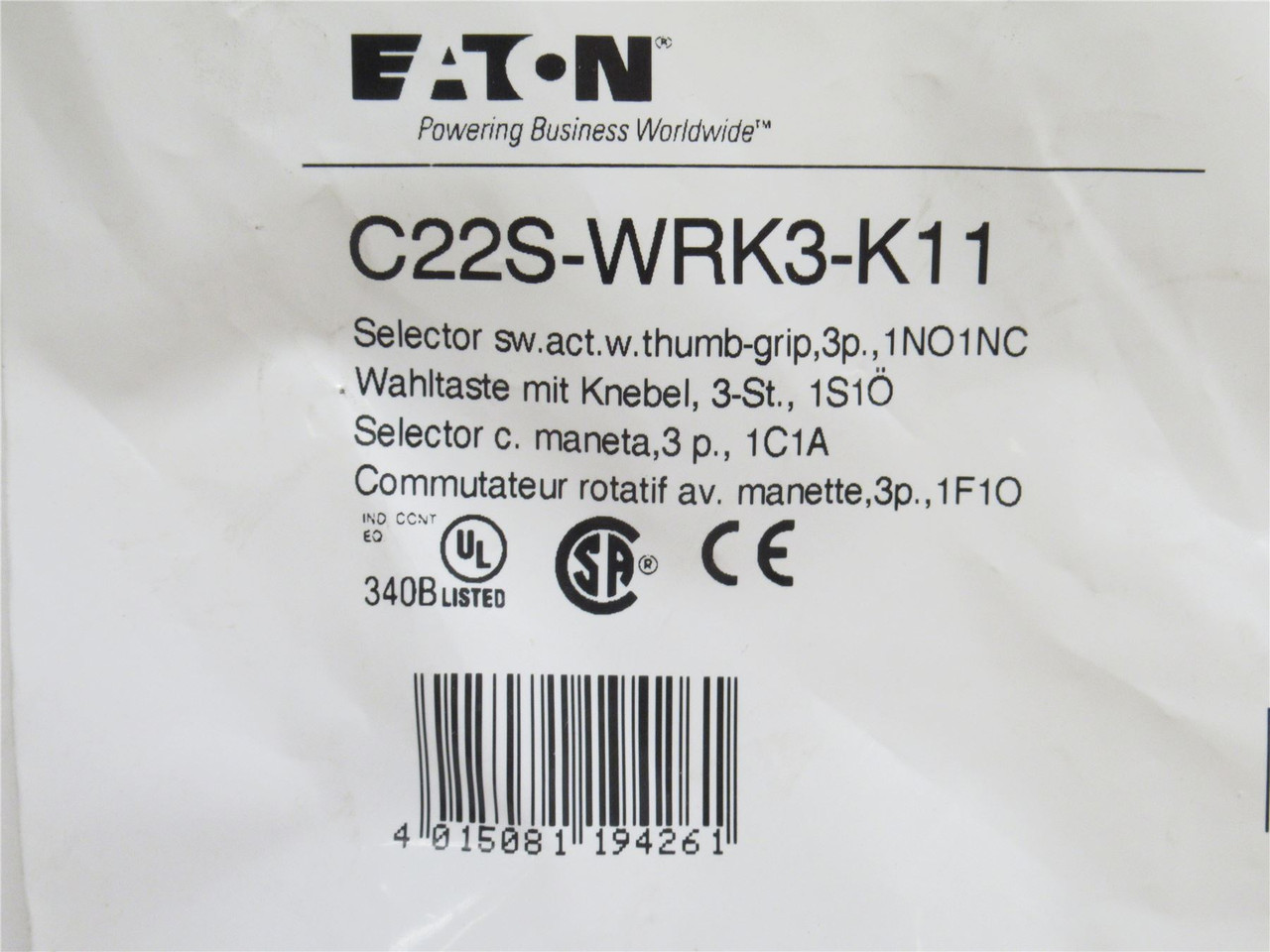 Eaton C22S-WRK3-K11; Push-button Selector Switch Knob; 3-Pos