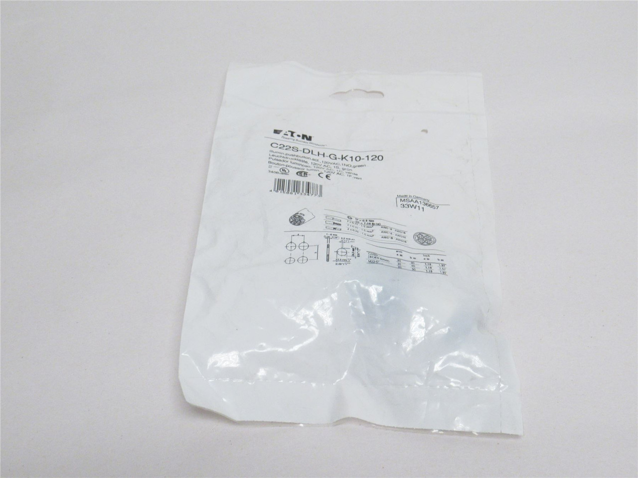 Eaton C22S-DLH-G-K10-120; Push-Button Switch; SPST-NO; Green