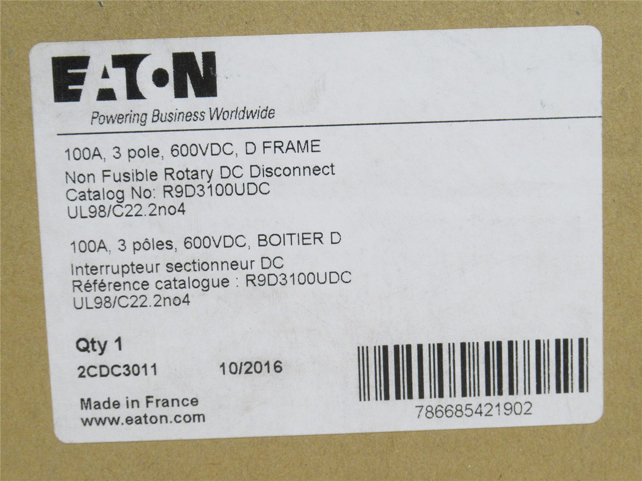 Eaton R9D3100UDC; Rotary Disconnect Switch; 100A; 3P; 600VAC