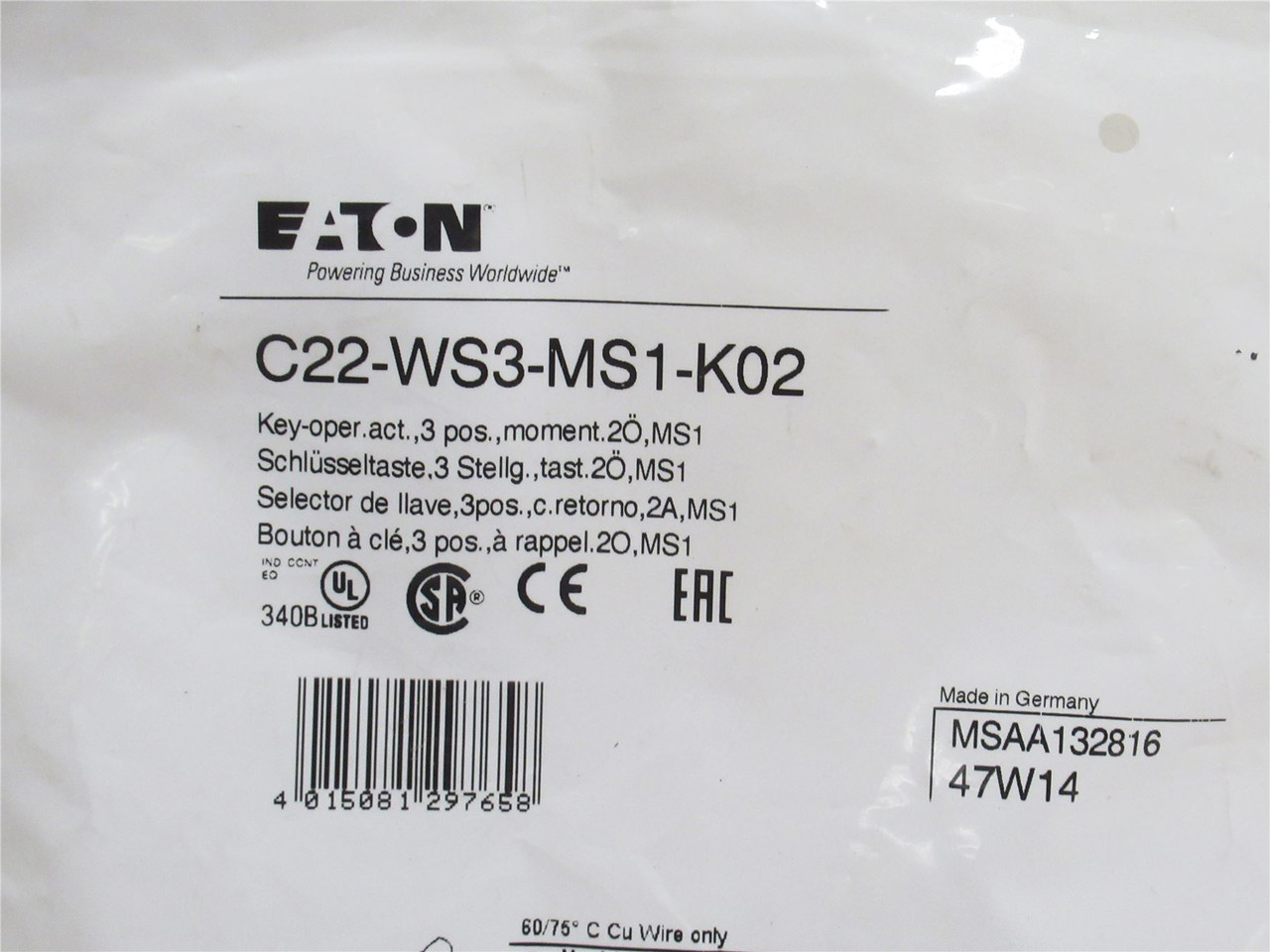 Eaton C22-WS3-MS1-K02; Keyed Selector Switch; 3-Pos; Moment
