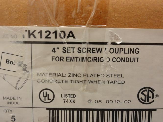 T&B TK1210A; Set Screw Coupling; 4" Emt; Zinc Plated Steel