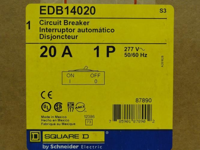 Square D EDB14020; Circuit Breaker; 20A; 1P; 277VAC; Bolt-On