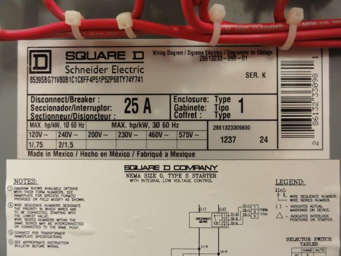 Square D 8539SBG71; Control Box Motor Starter 18A 2P 230V