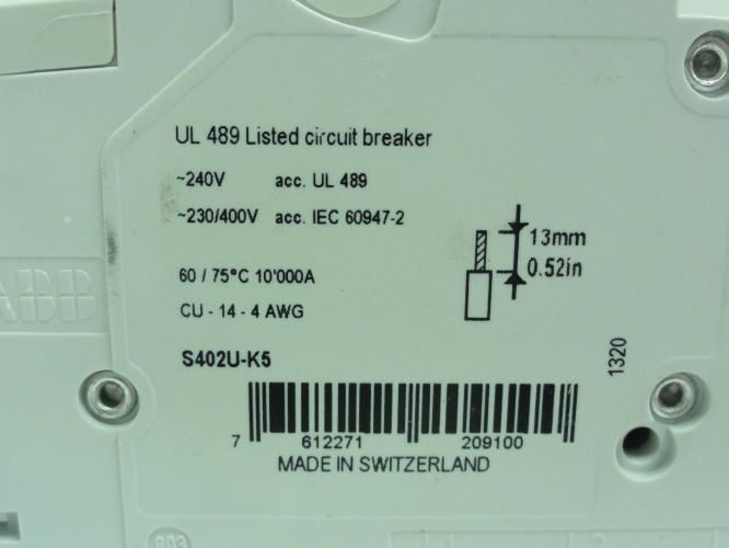ABB S402U-K5; Circuit Breaker; 5A; 2P; 240Vac