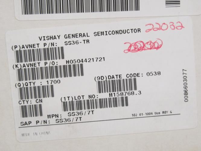 Vishay SS36-7T; Lot-1700	Diode Schottky 60V 3A; Surface Mount