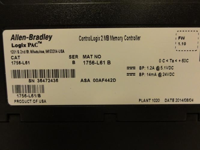 Allen-Bradley 1756-L61; Control Logix Processor 2MB Memory
