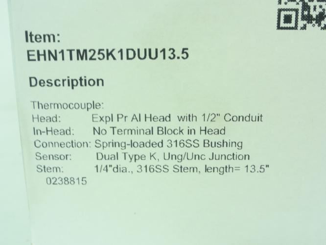 Reotemp EHN1TM25K1DUU13.5; Thermocouple Assembly; 1/2"NPT