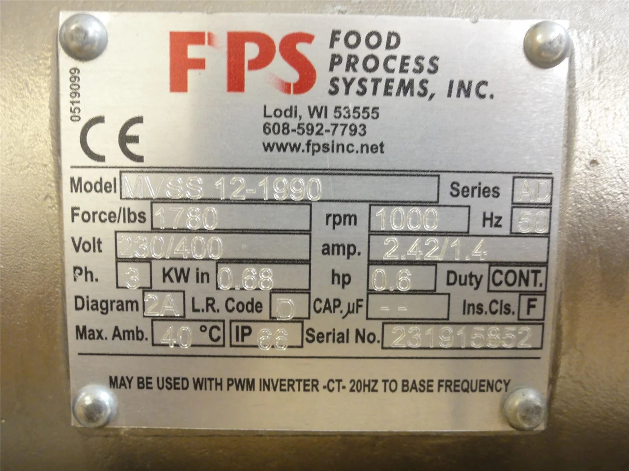 FPS MVSS-12-1990; Rotary Electric Vibrator; 0.6HP; 230/400VAC