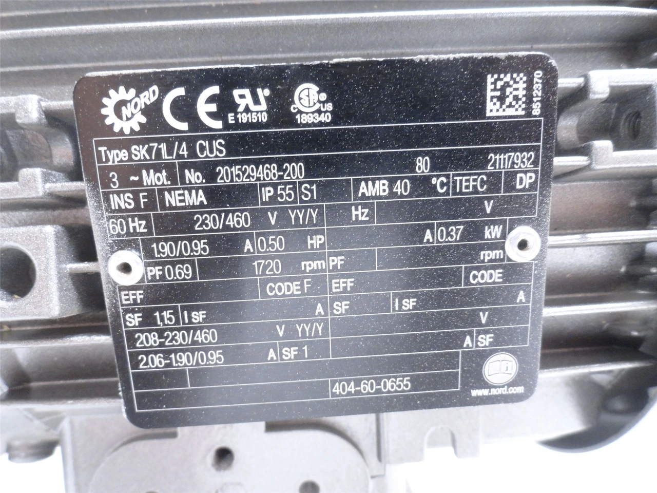 Nord SK02040AZBDH-71L/4CUS; AC Gearmotor; 13.27:1 Ratio; 1/2HP