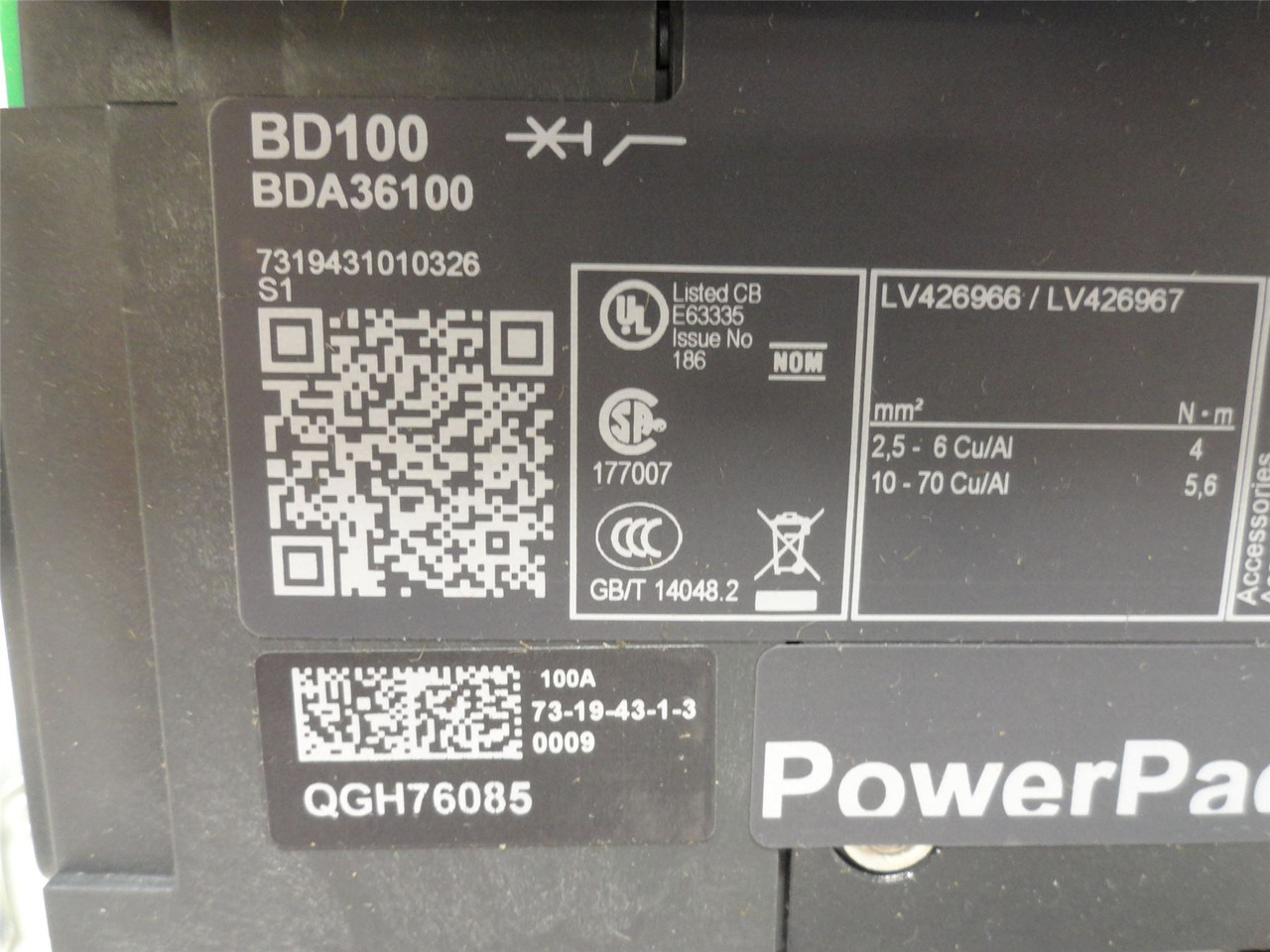 Square D BDA36100; Circuit Breaker; 100A; 3P; 525VAC