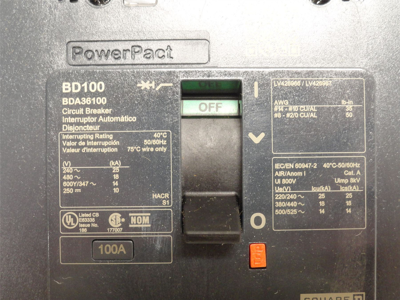 Square D BDA36100; Circuit Breaker; 100A; 3P; 525VAC