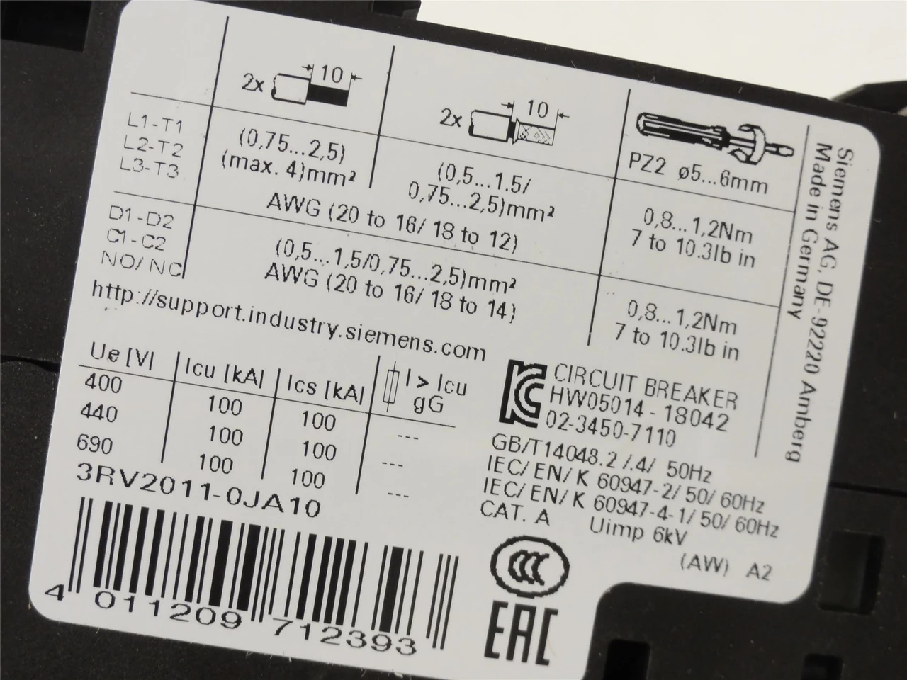 Siemens 3RV2011-0JA10; Manual Starter; .7 to 1Amp