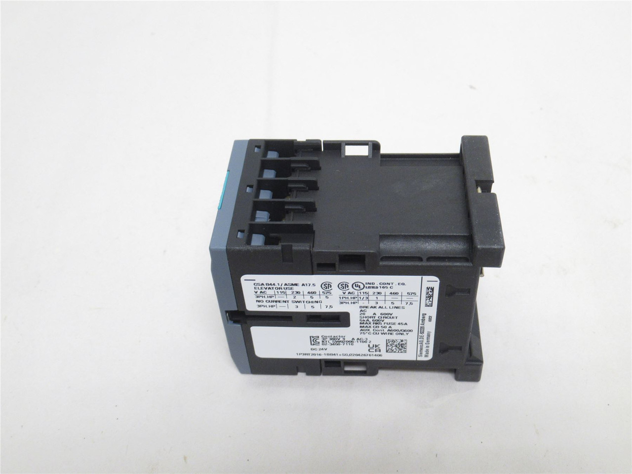 Siemens 3RT2016-1BB41; Contactor; 9A; 3P; 400VAC; Coil: 24VDC