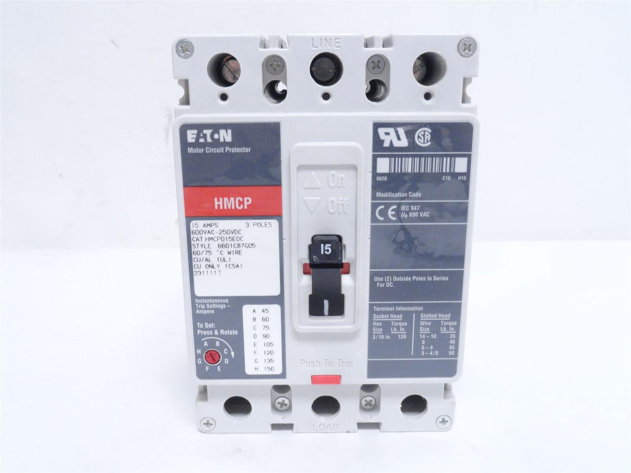 Eaton HMCP015E0C; Circuit Breaker; 15A; 3P; 600VAC/250VDC