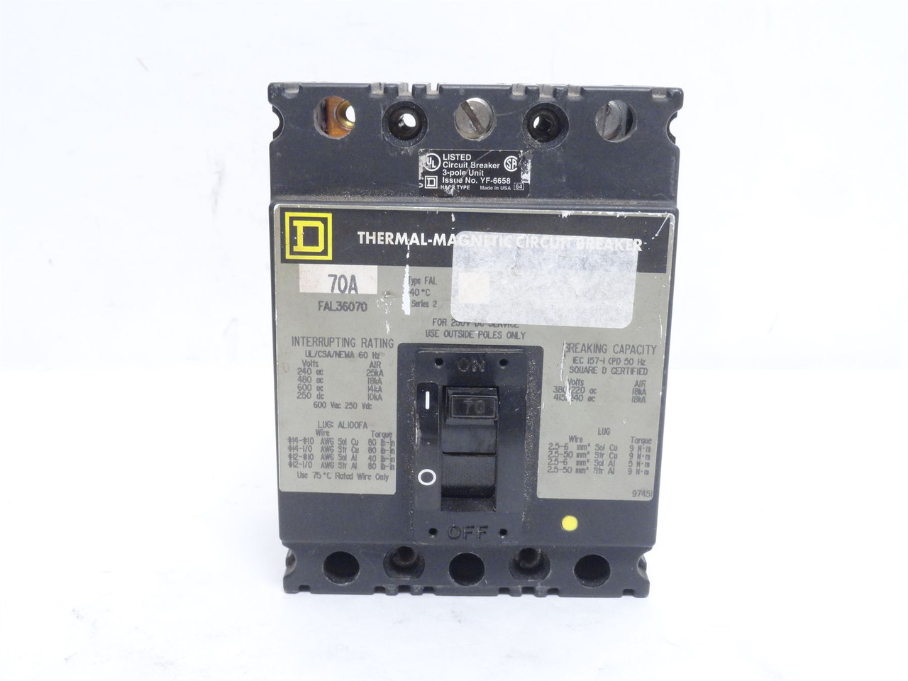 Square D FAL36070; Circuit Breaker 70A 3P 600VAC (Missing 1 Lug)