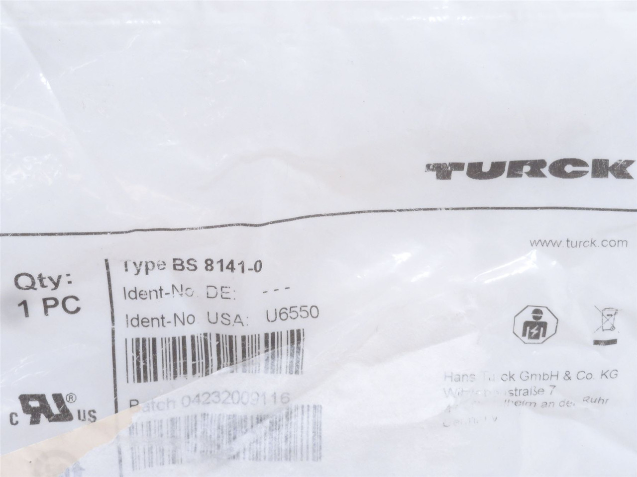 Turck BS8141-0; Circular M12 Plug; 4-Pos; U6550; 4A; 250VAC