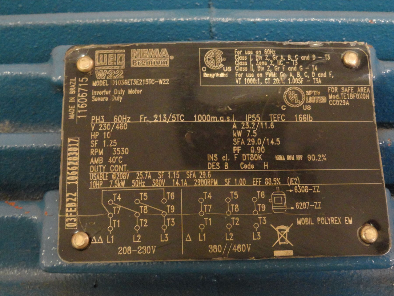WEG 01036ET3E215TC-W22; AC Motor; 10HP; 230/460V; 3530RPM; 3PH