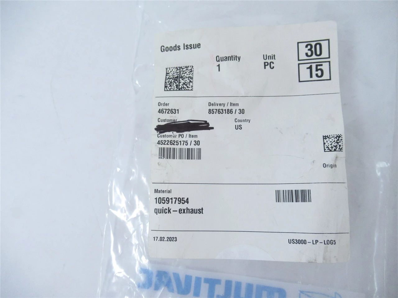 Multivac 80.275.1112.15; Quick Exhaust Valve SPG/96130; 8BAR