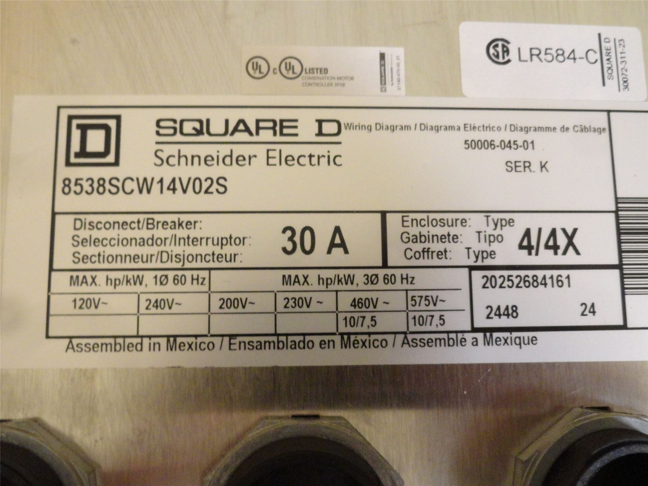 Square D 8538SCW14V02S; SS Enclosed NEMA Size 1 Starter