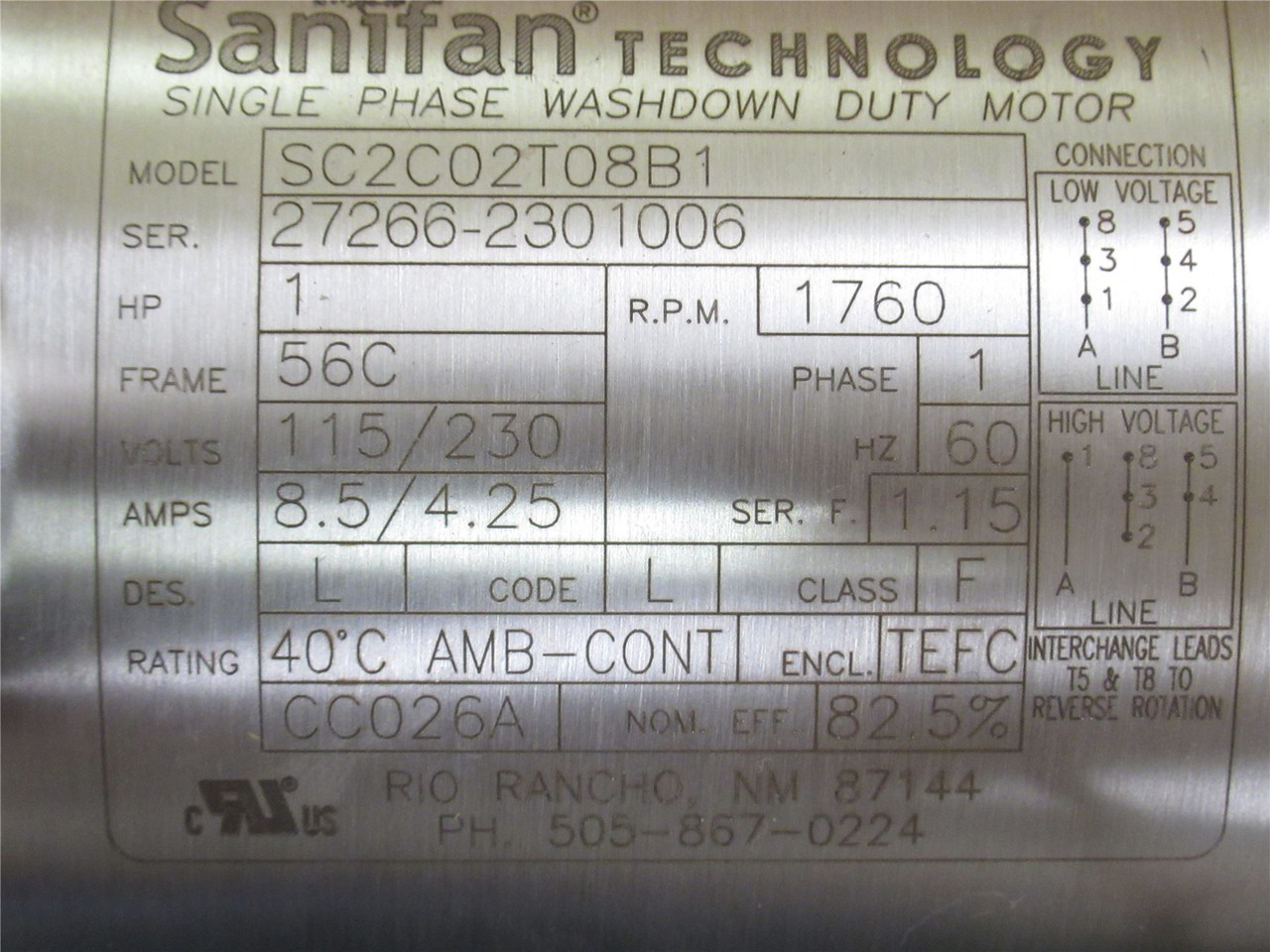 Sanitan SC2C02T08B1; AC Motor SS; 1HP; 115/230V; 1760RPM; 1PH