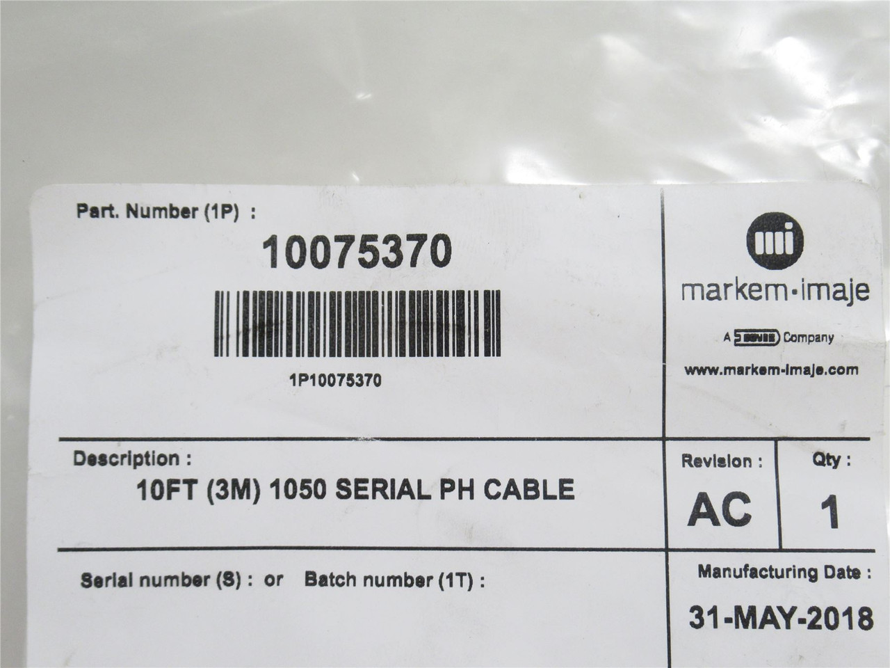 Markem 10075370; Serial Phone Cable; 10' Wire