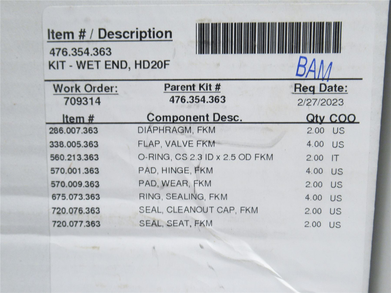 Sand Piper 476.354.363; Service Kit HD20F 2" Pump Wet End FKM