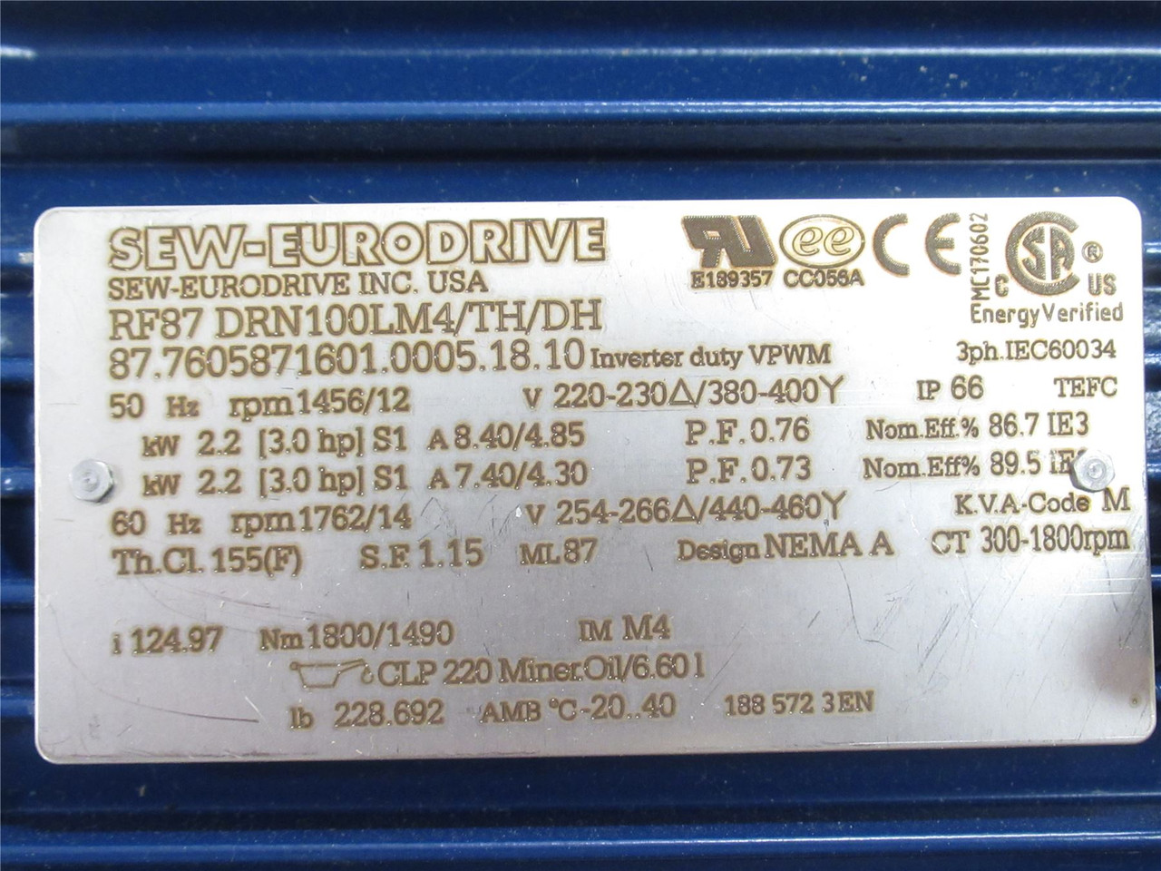 SEW RF87DRN100LM4THDH; AC Gearmotor; 93.38:1 Ratio; 230-460V
