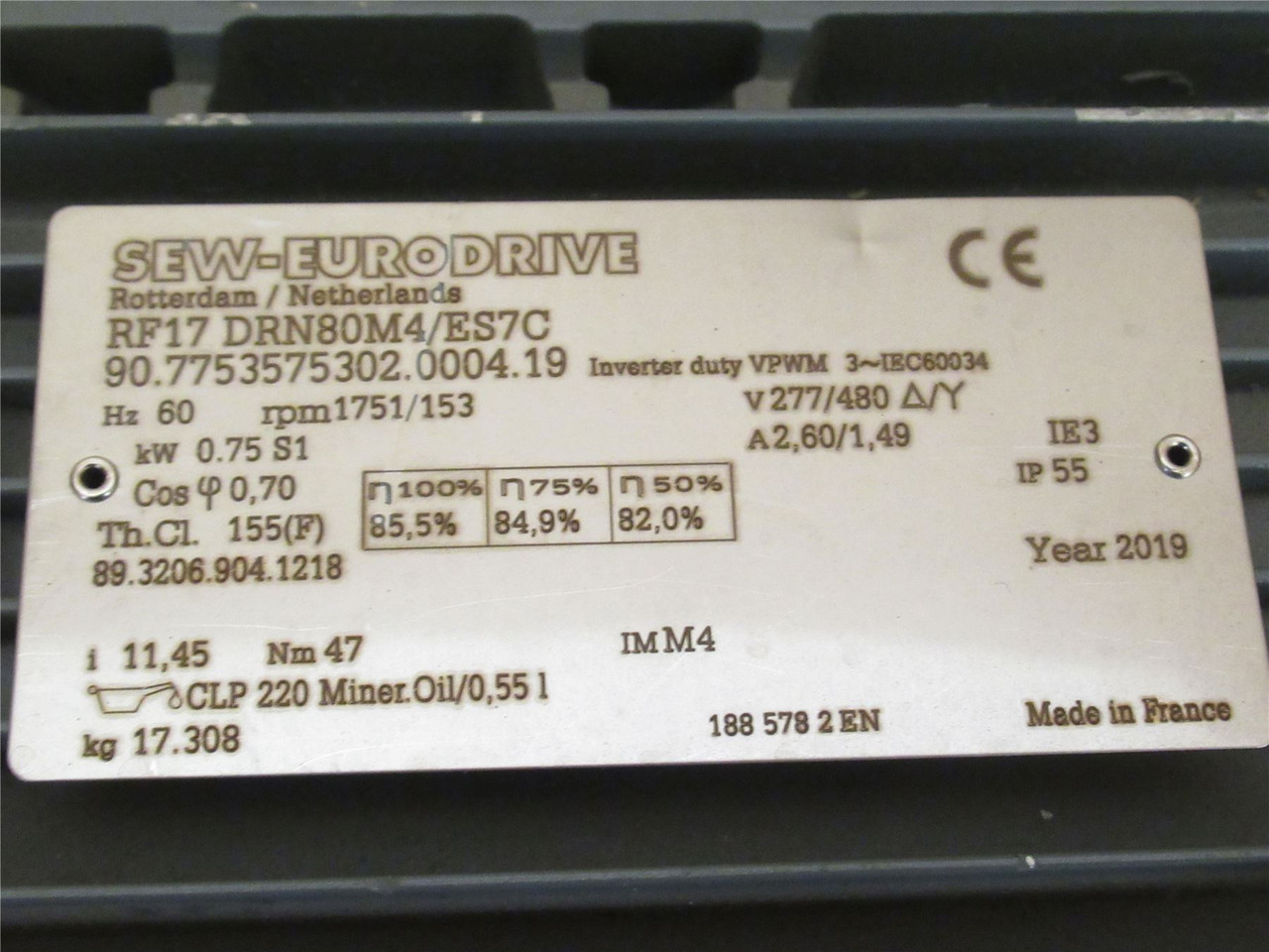 SEW RF17 DRN80M4/ES7C; Gearmotor W/Brake 11.4:1 Ratio; 0.75kW