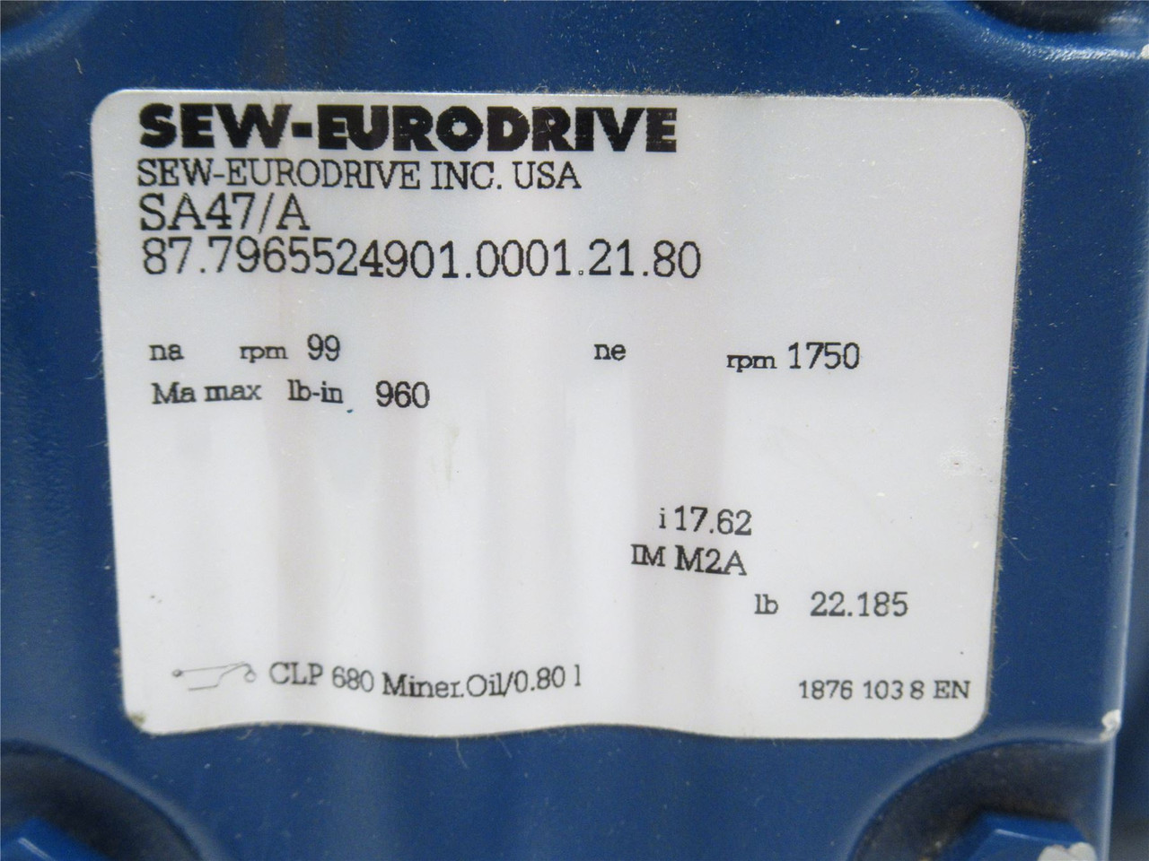 SEW SA47/A; Gear Reducer; No Motor; 22:1 Ratio; 30mmID Out