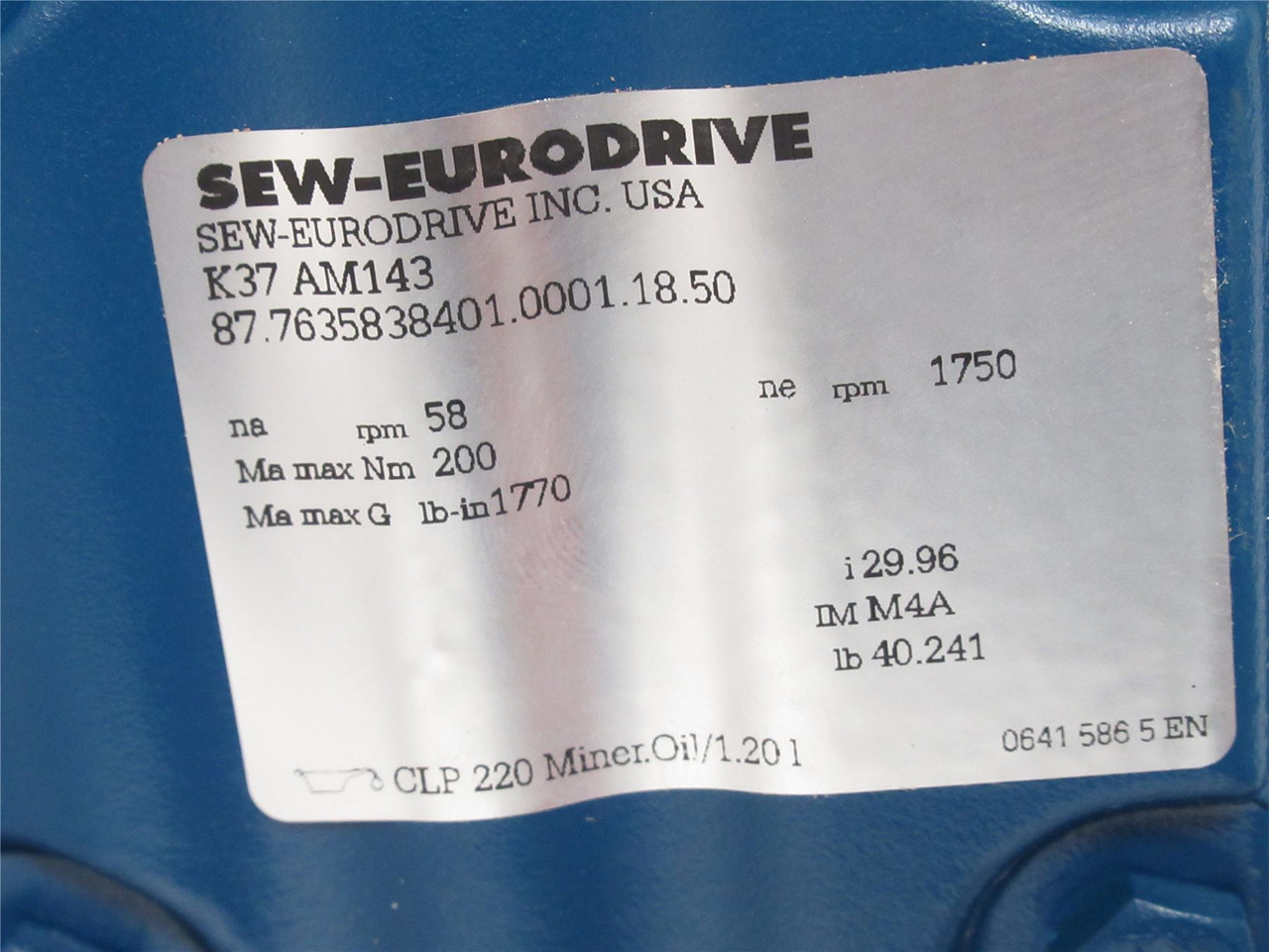 SEW K37 AM143; Motor Gearbox; 29.96:1 Ratio; 1750RPM