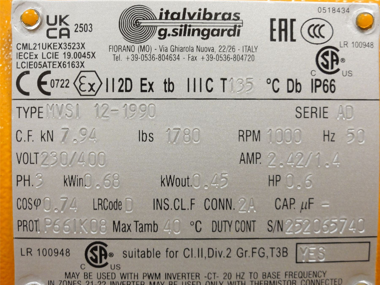 Italvibras MVSI 12-1990; Electric Vibrator; 0.6HP; 230/400VAC