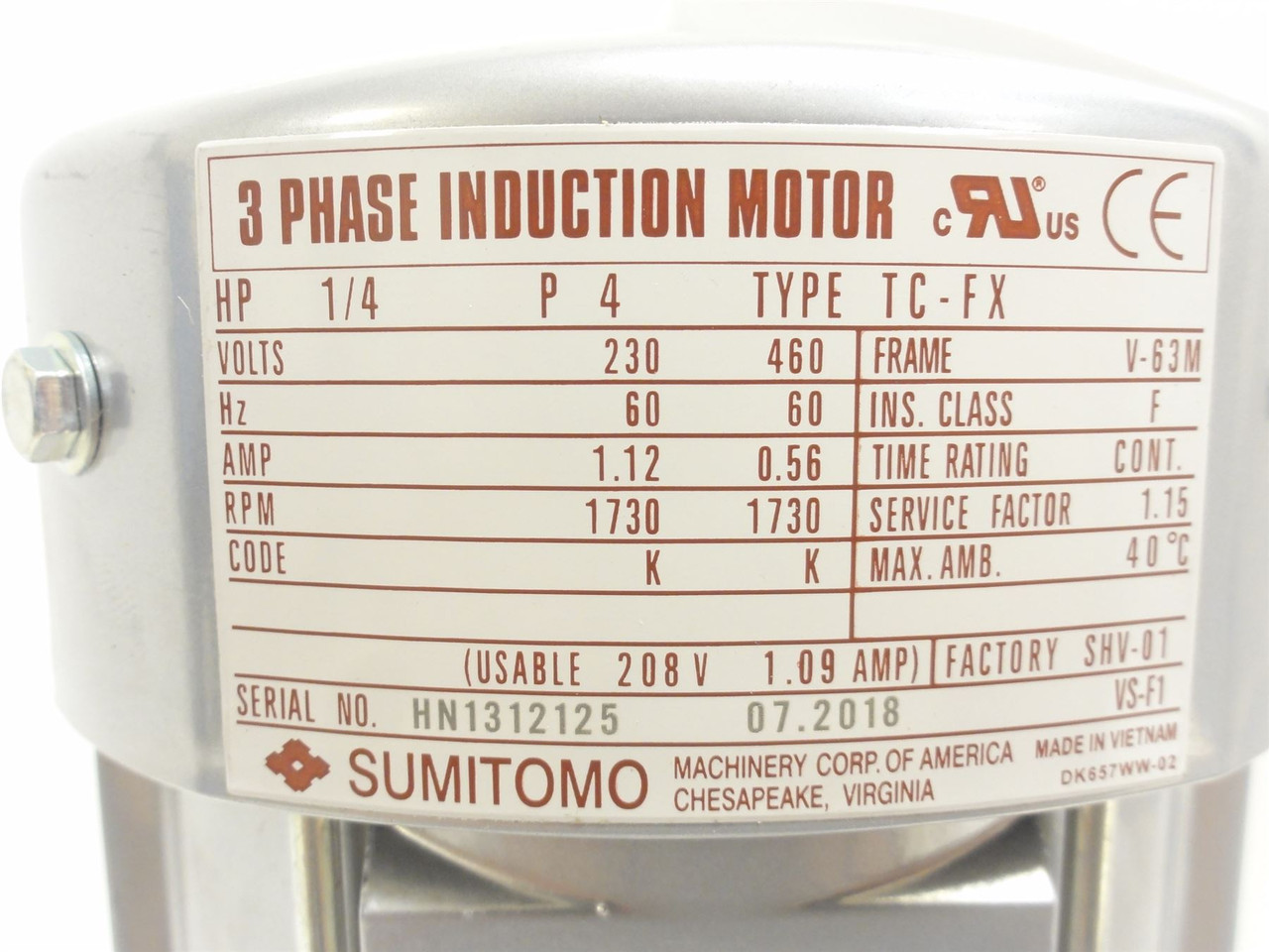 Sumitomo RNYM02-1330YA-200; Gearmotor PA161126; 200:1 Ratio