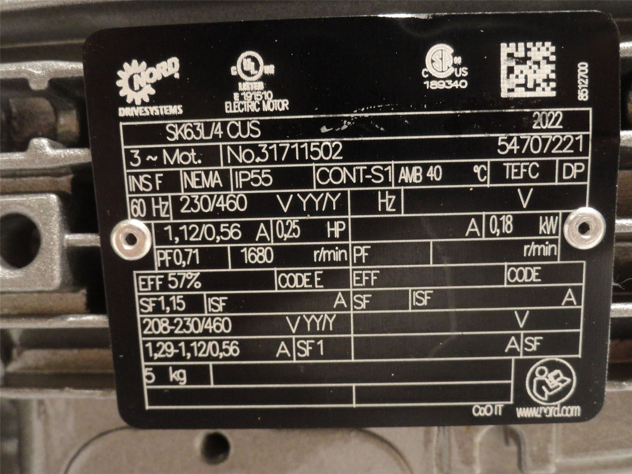 Nord SK02F-63L/4CUS; AC Gear Motor 6:1 Ratio; 0.18kW; 230/460V
