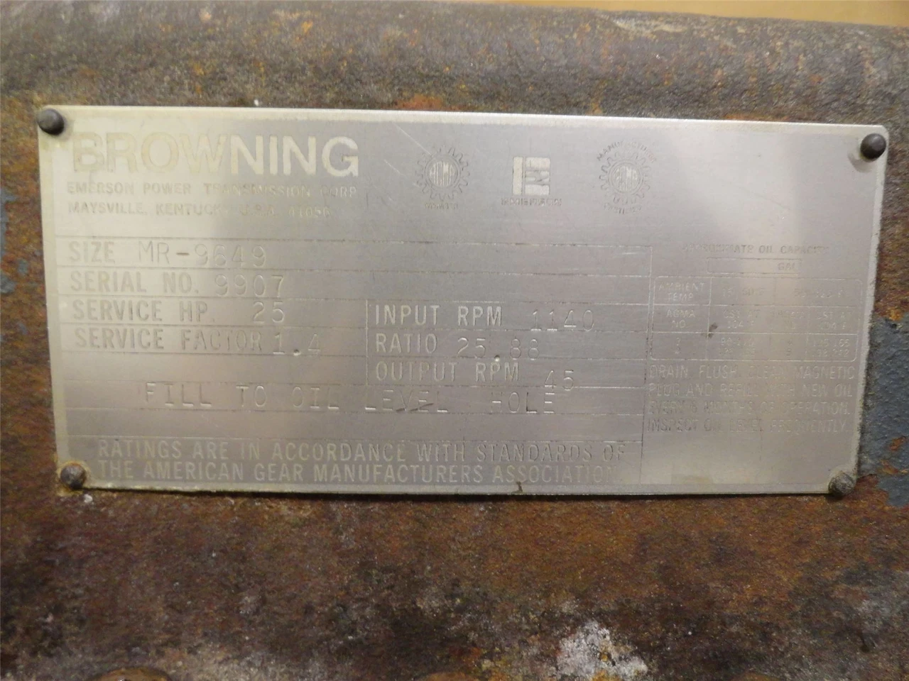 Browning MR-9649; Gearbox; 25.88:1 Ratio; 1140RPM Input; 45RPM Out