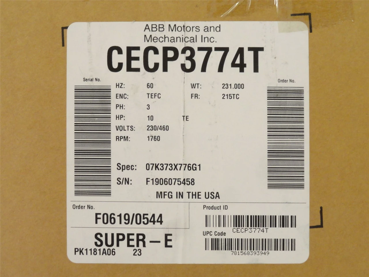 Baldor CECP3774T; Severe Duty Motor 10HP 230/460VAC 1800RPM
