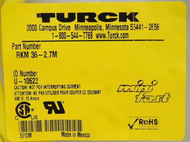 Turck RKM 36-2.7M; Industrial Female Cordset; U-10622; 3-Pin